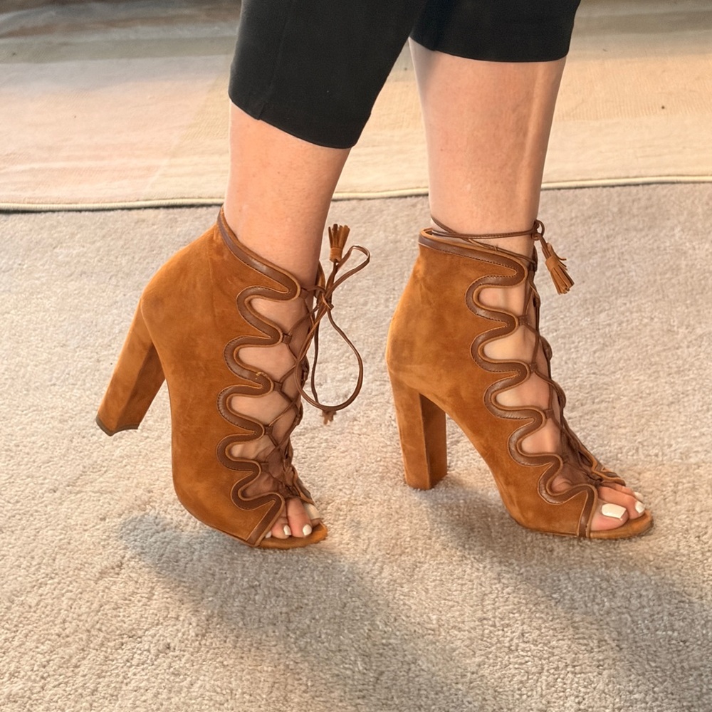 Chloe Gosselin Suede Lace-Up Open-Toe Boots Booties